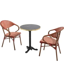 60 cm verstelbare zwartmarmeren terrastafel en 2 rode stoelen