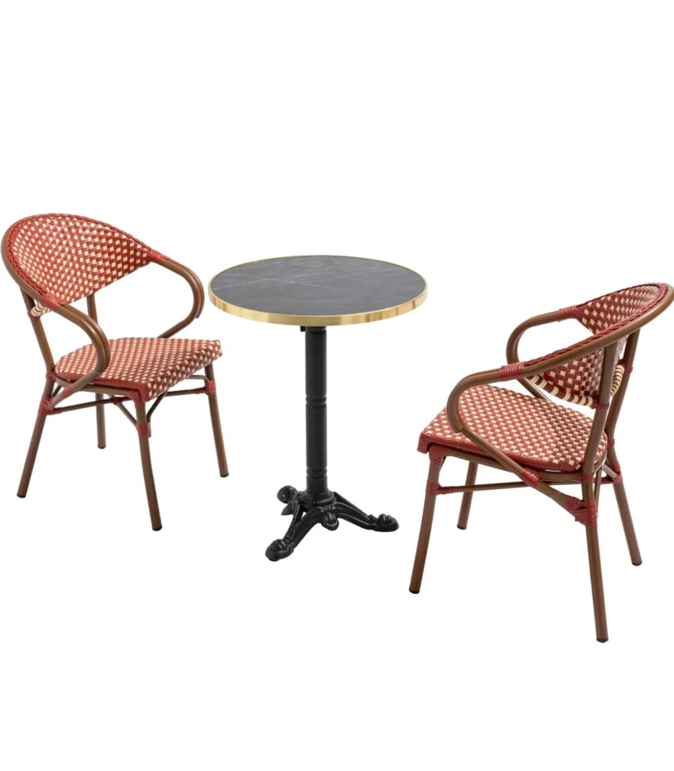 60 cm verstelbare zwartmarmeren terrastafel en 2 rode stoelen