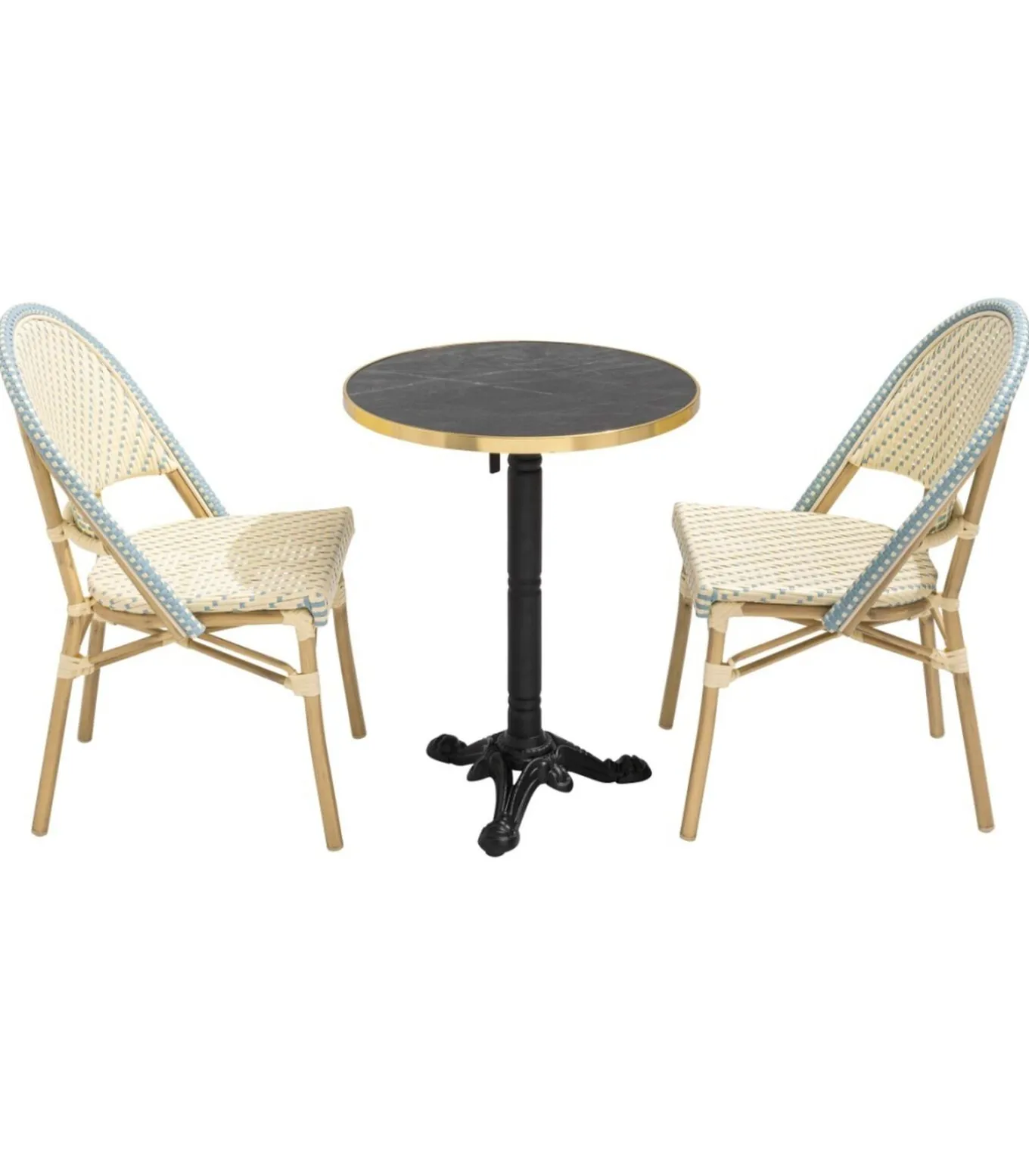 60 cm verstelbare zwartmarmeren terrastafel en 2 blauwe stoelen