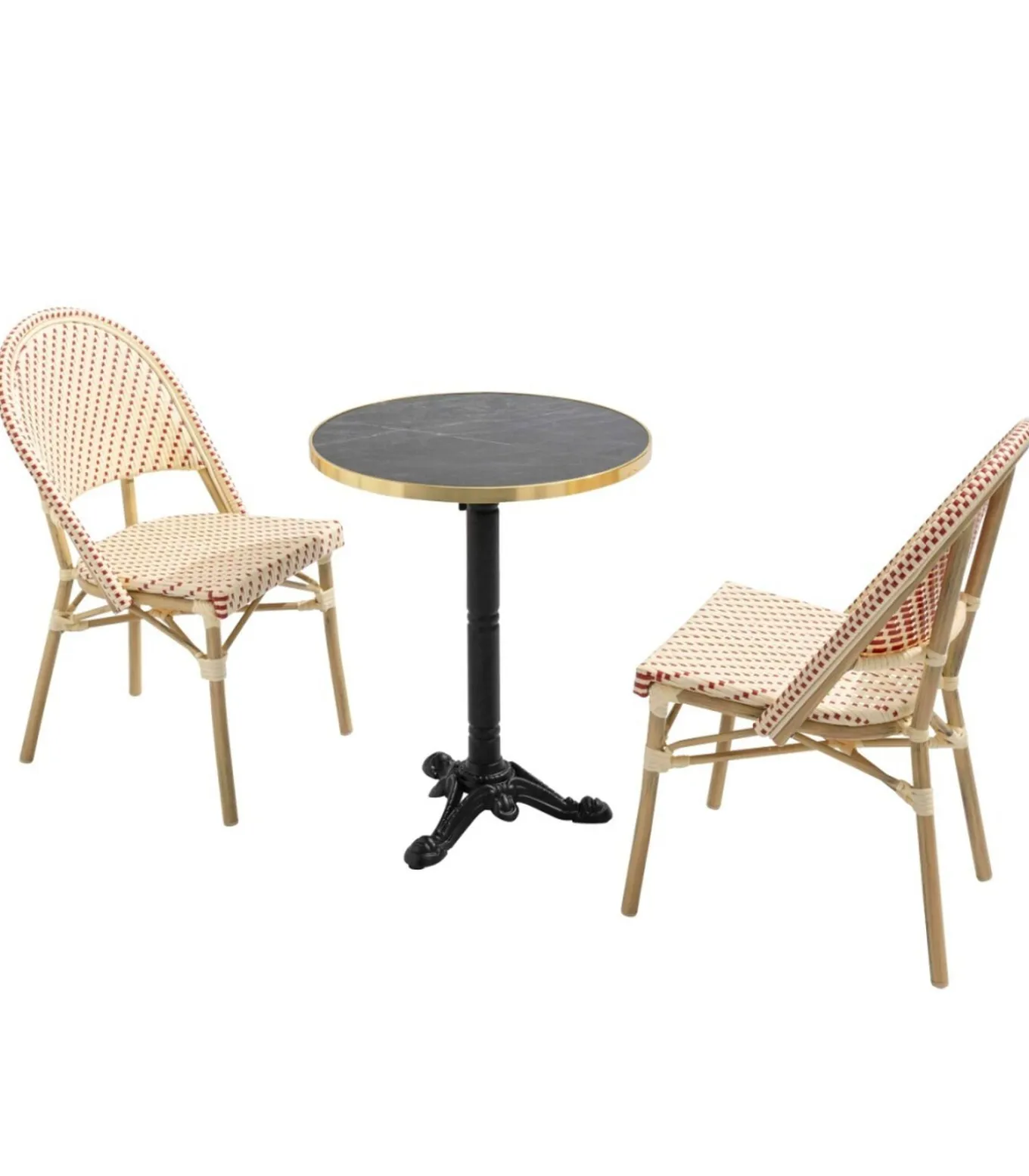 60 cm verstelbare zwartmarmeren terrastafel en 2 rode stoelen