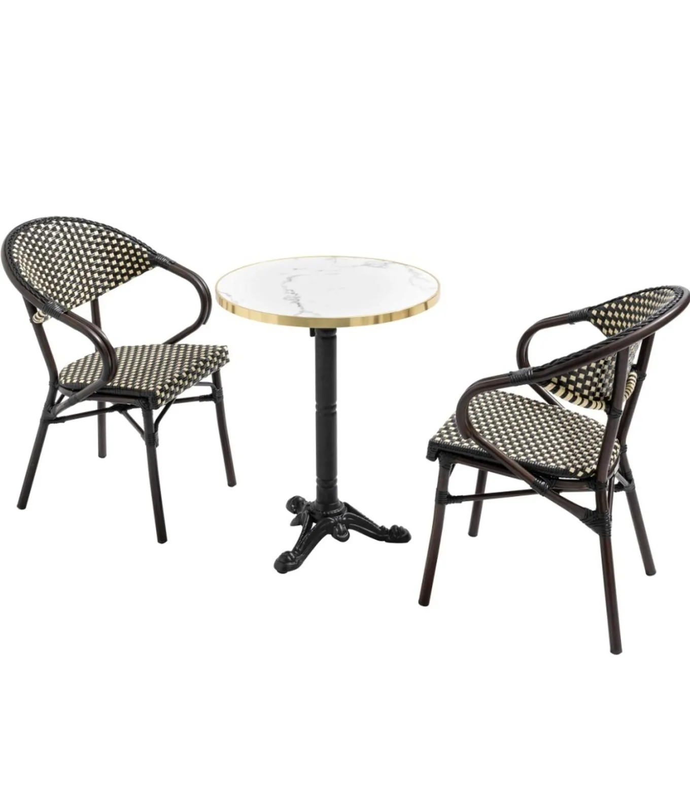 60 cm witte marmeren verstelbare terrastafel en 2 zwarte stoelen