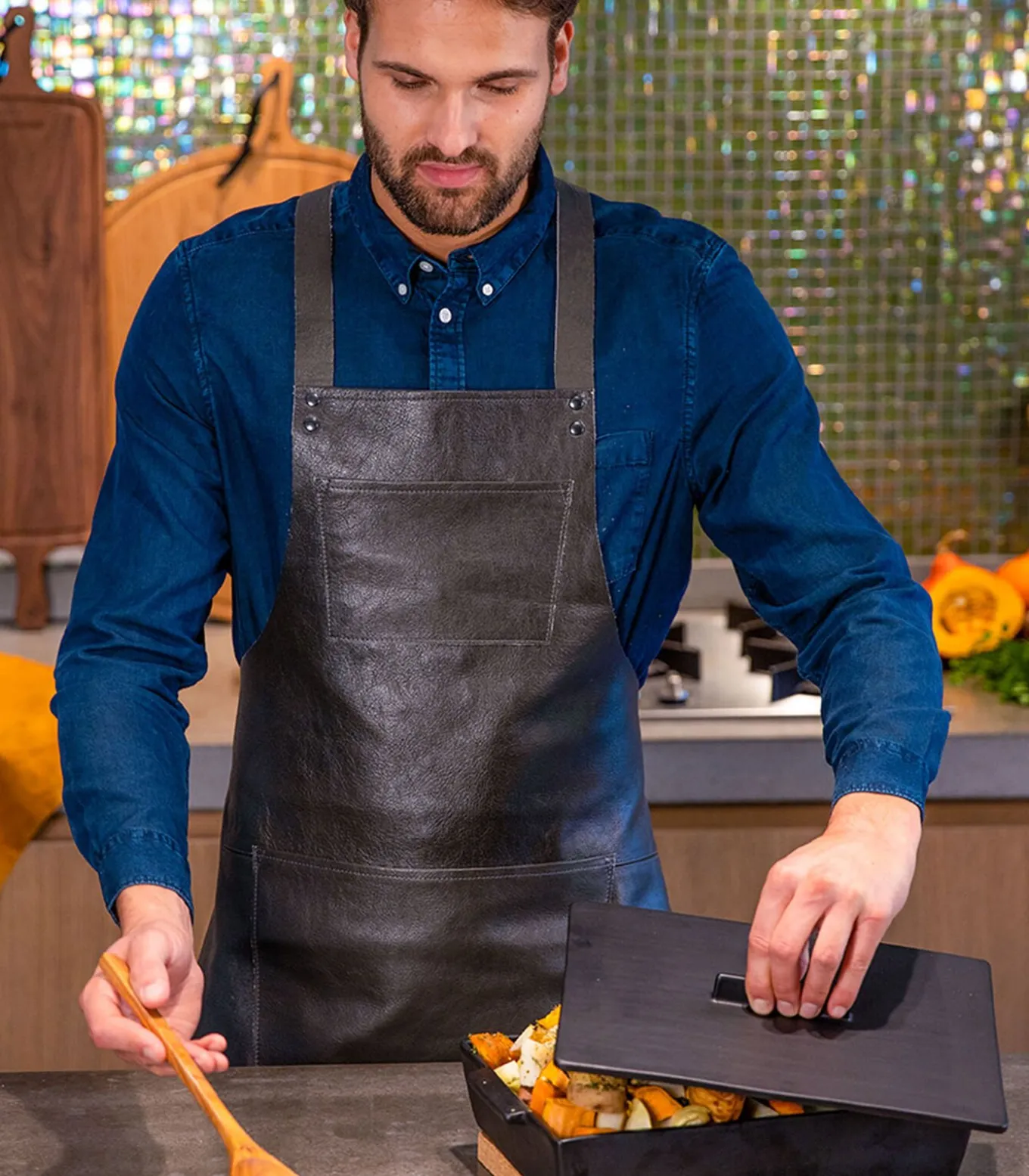 BBQ Lederen schort met bretellen - Grijs