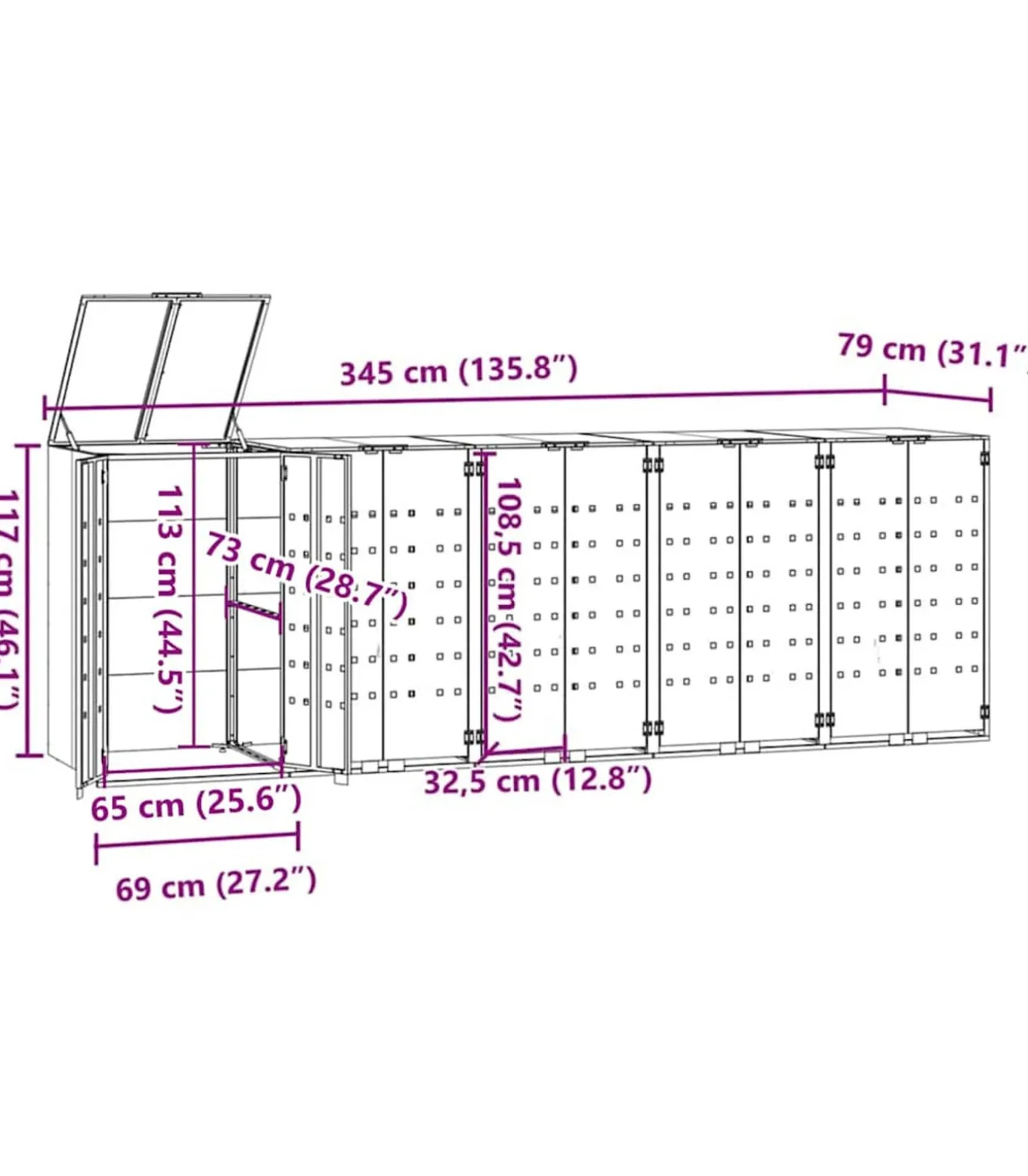 Containerberging voor 5 containers 345x79x117 cm staal grijs