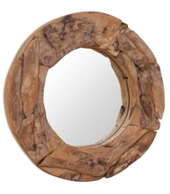 Decoratieve spiegel rond 60 cm teakhout