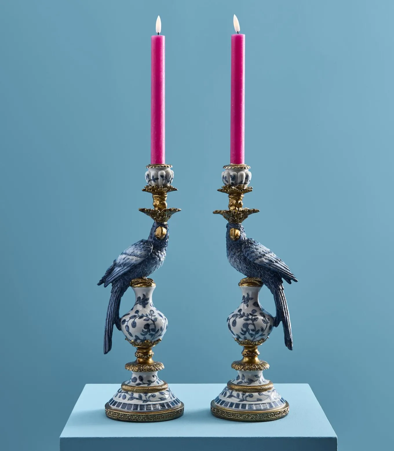 2-delig Set Kandelaar Papegaai/wit/blauw/goud