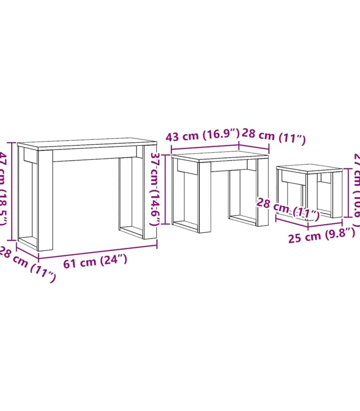 3-delige Bijzettafelset bewerkt hout artisanaal eikenkleur