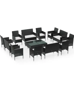 16-delige Loungeset met kussens poly rattan zwart