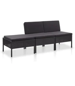 3-delige Loungeset met kussens poly rattan zwart