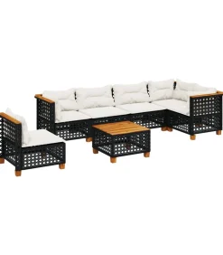 7-delige Loungeset met kussens poly rattan zwart