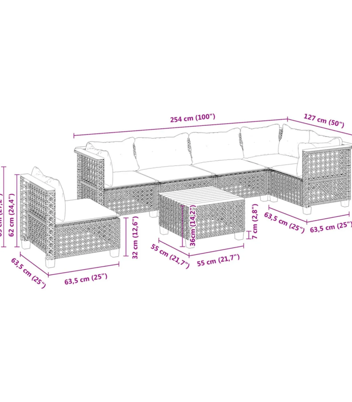 7-delige Loungeset met kussens poly rattan zwart