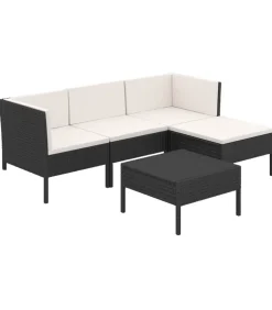 5-delige Loungeset met kussens poly rattan zwart