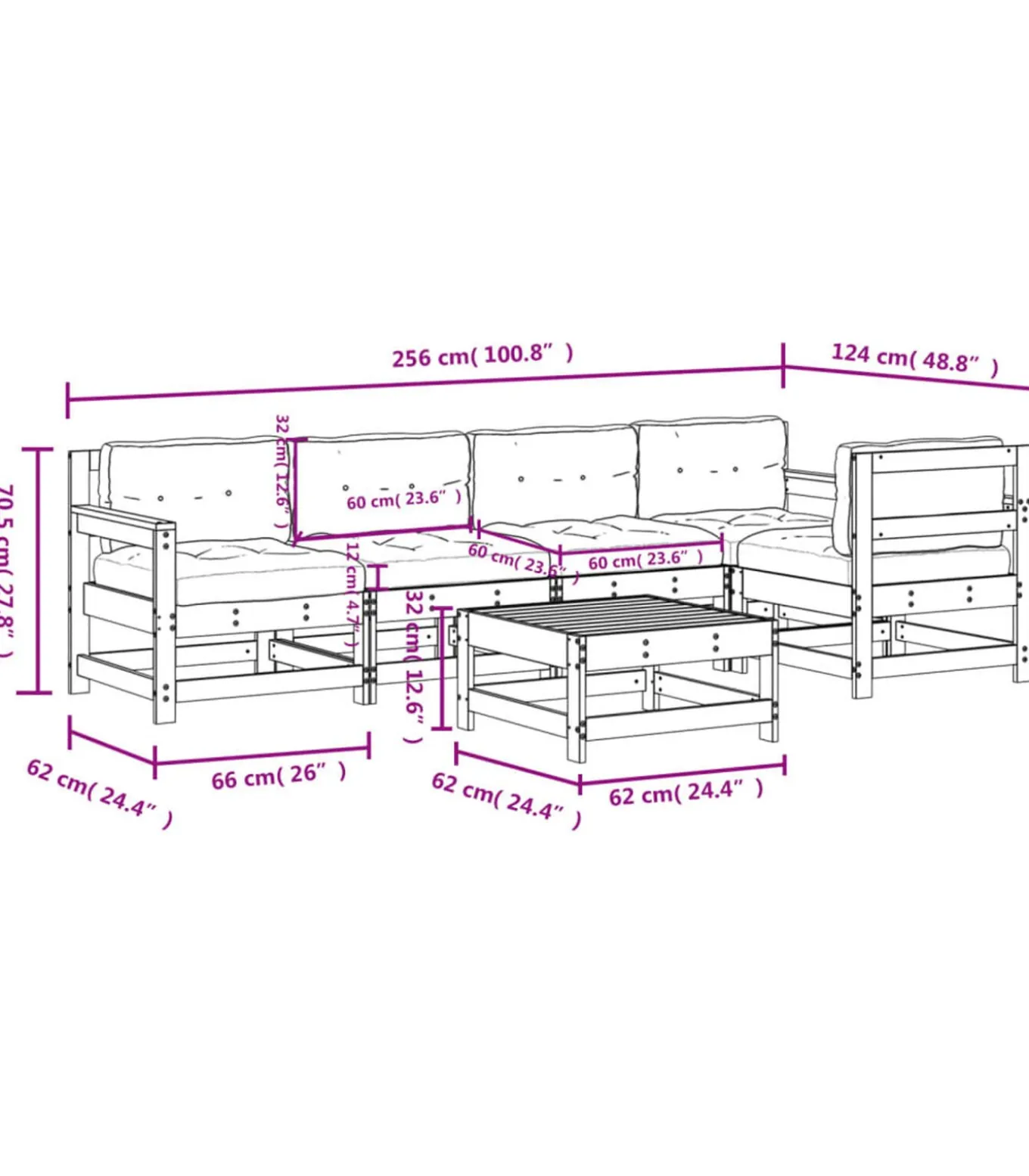 6-delige Loungeset met kussens massief hout wit