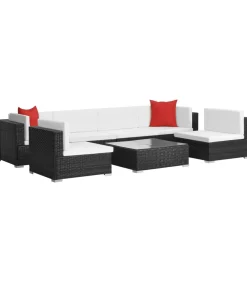 7-delige Loungeset met kussens poly rattan zwart
