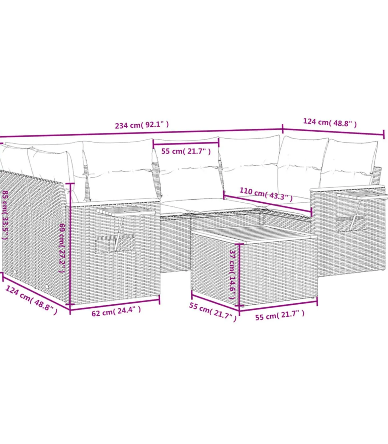 7-delige Loungeset met kussens poly rattan zwart