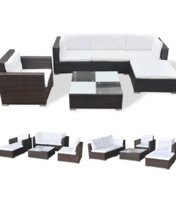 6-delige Loungeset met kussens poly rattan bruin