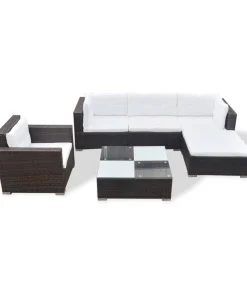 6-delige Loungeset met kussens poly rattan bruin