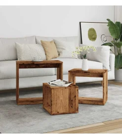 3-delige Tafeltjesset bewerkt hout oud houtkleurig