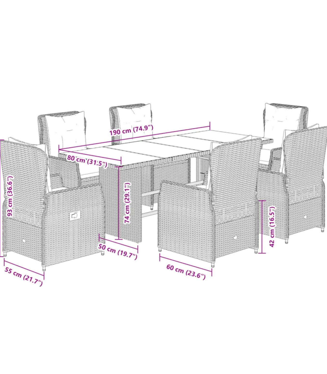 7-delige Tuinset met kussens poly rattan zwart