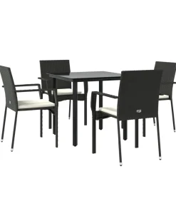 5-delige Tuinset met kussens poly rattan zwart