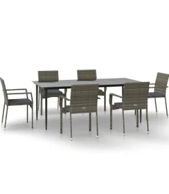 7-delige Tuinset met kussens poly rattan zwart en grijs