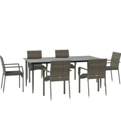 7-delige Tuinset met kussens poly rattan zwart en grijs