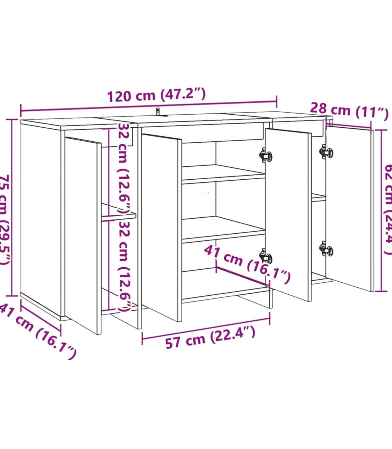 Dressoir 120x41x75 cm bewerkt hout oud houtkleurig