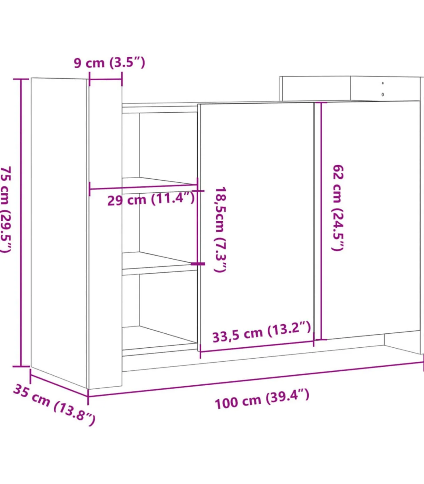 Dressoir 100x35x75 cm bewerkt hout gerookt eikenkleurig