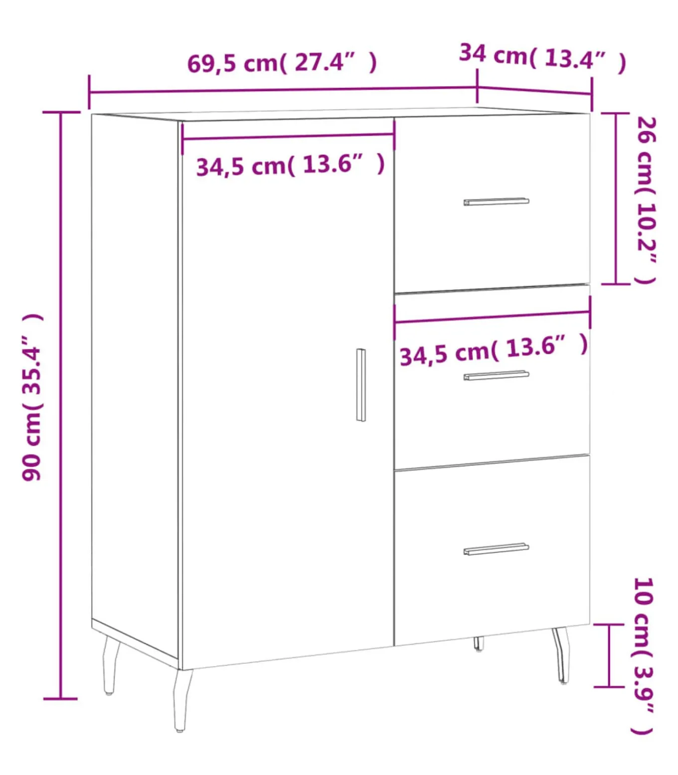 Dressoir 69,5x34x90 cm bewerkt hout betongrijs