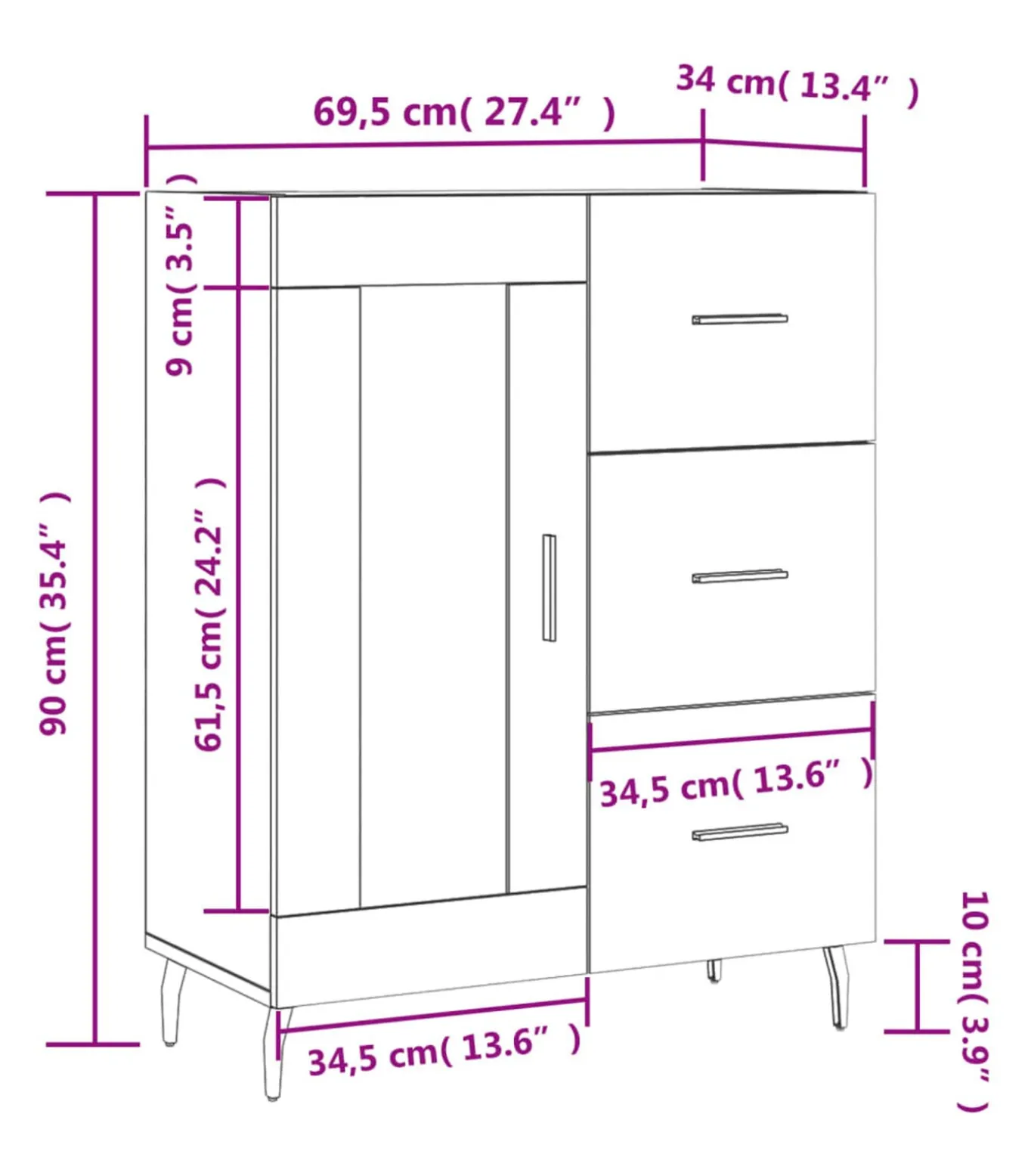 Dressoir 69,5x34x90 cm bewerkt hout betongrijs