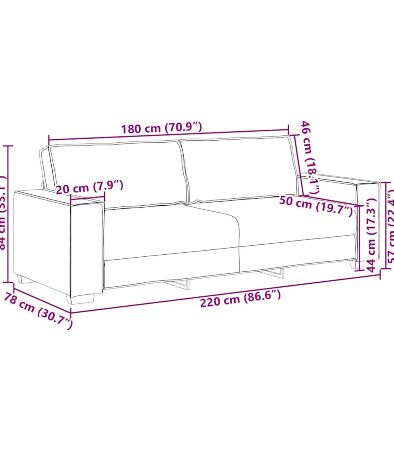 Driezitsbank 180 cm fluweel lichtgrijs
