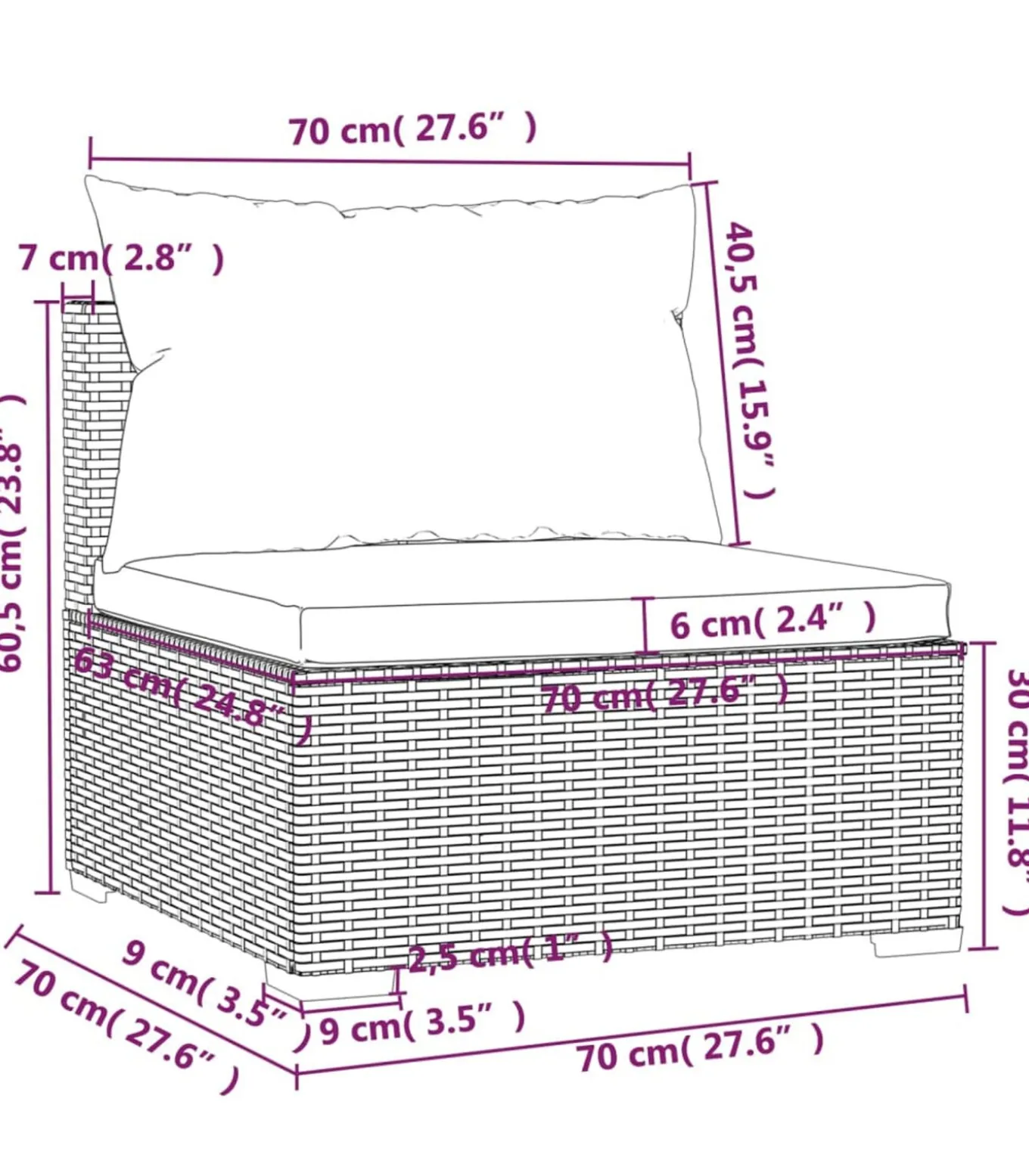 Driezitsbank met kussens poly rattan zwart