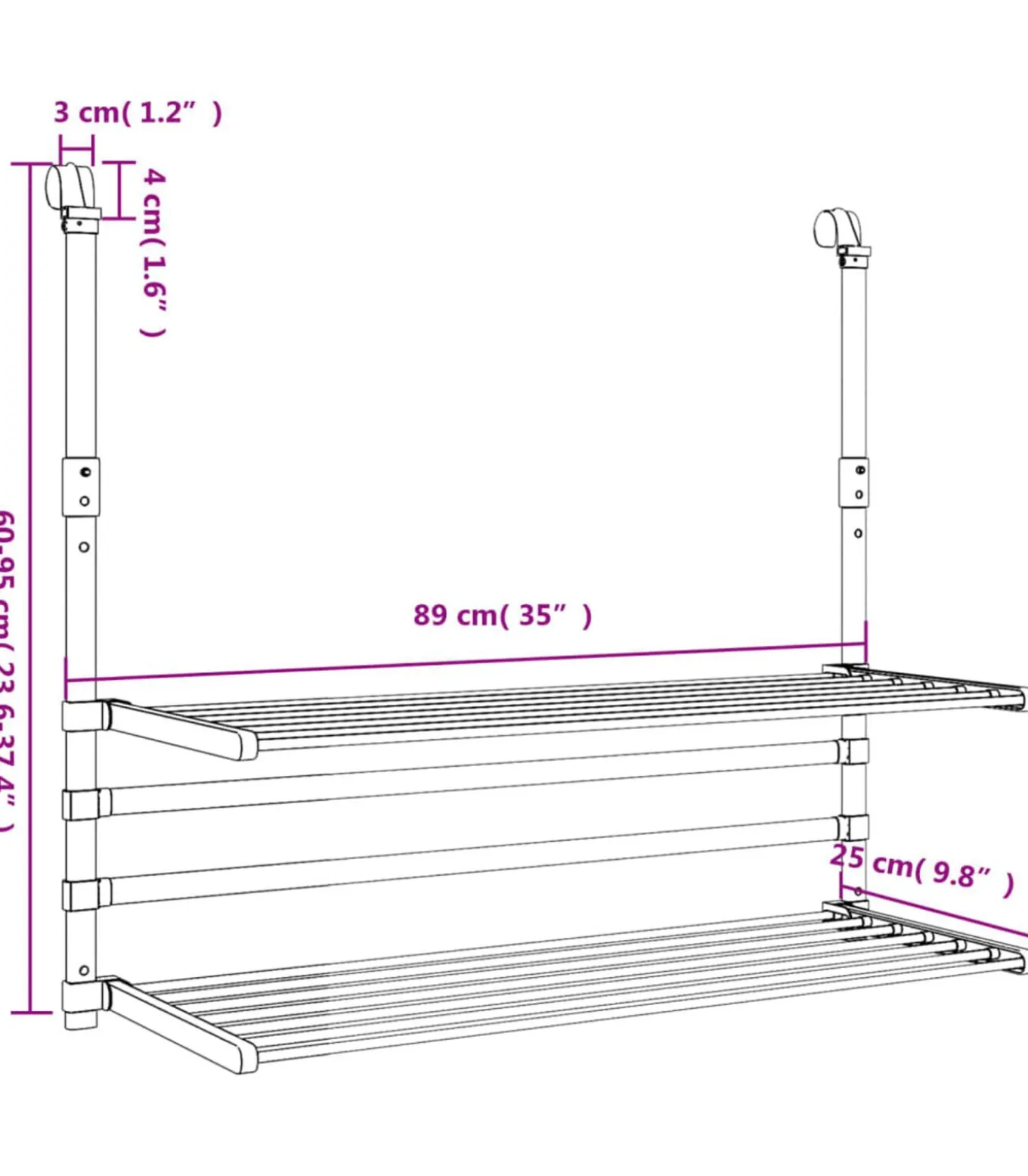 Droogrek voor balkon 89x25x(60-95) cm aluminium