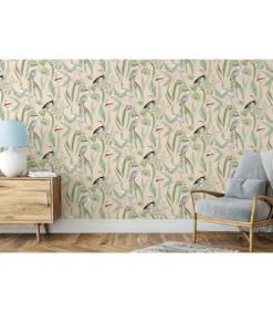 DUTCH WALLCOVERINGS Behang Flamingo crème- en mintkleurig