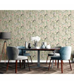 DUTCH WALLCOVERINGS Behang Flamingo crème- en mintkleurig