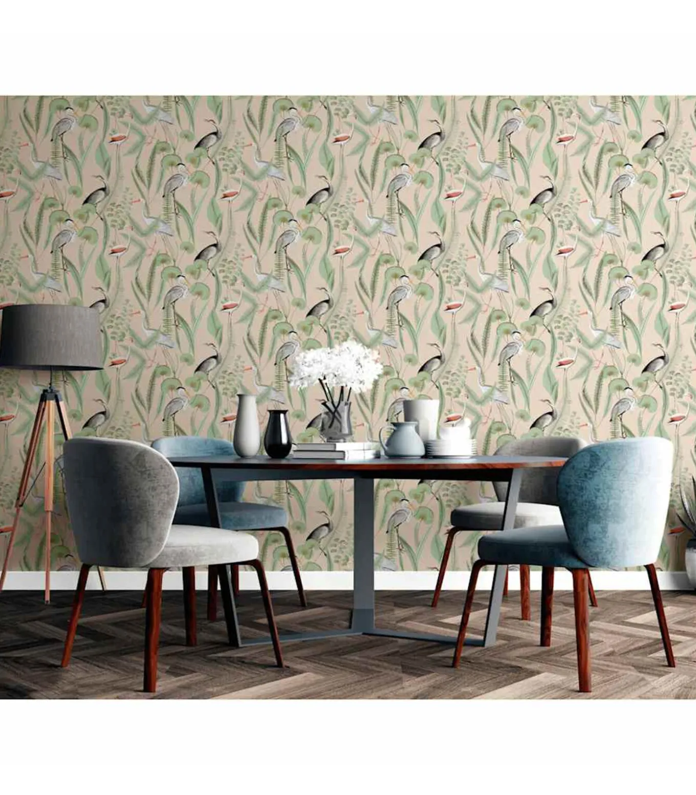 DUTCH WALLCOVERINGS Behang Flamingo crème- en mintkleurig