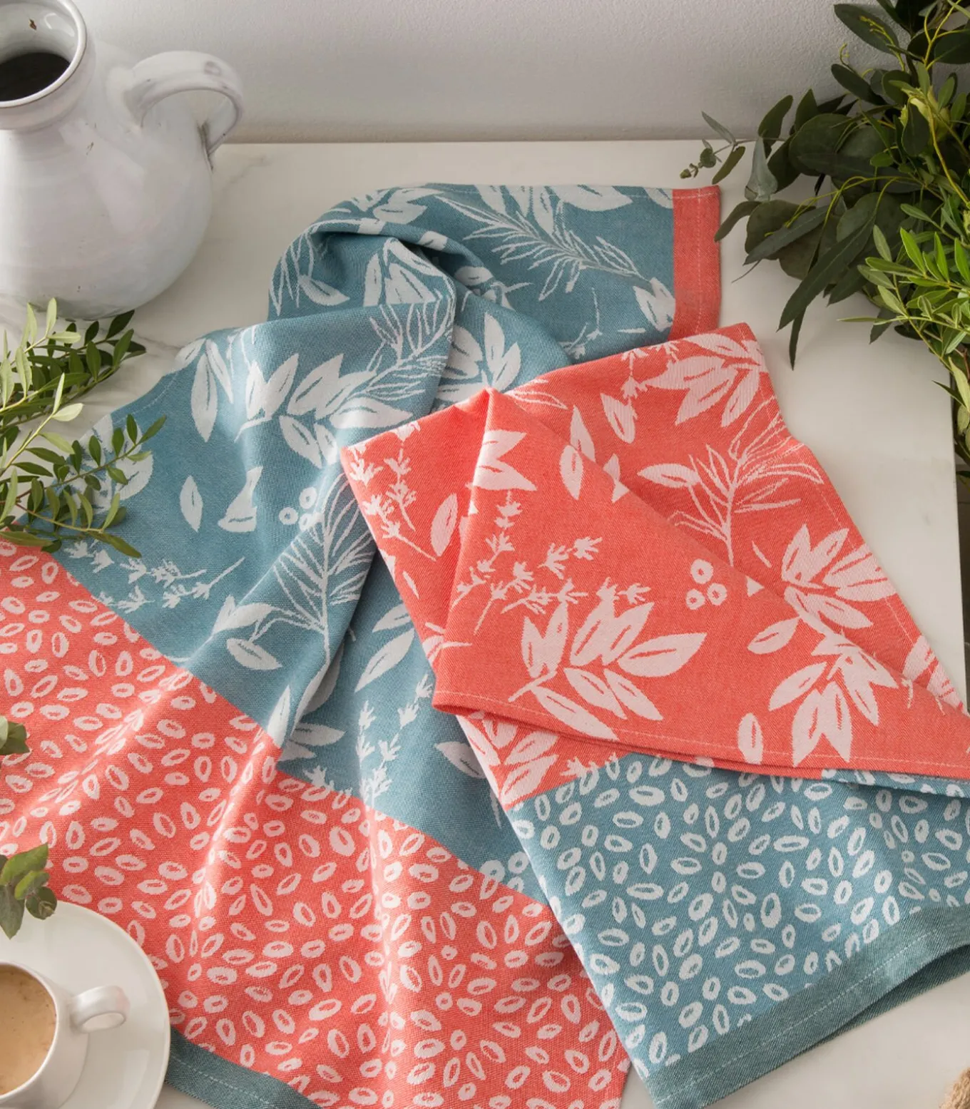 Feuillage - Set van 2 theedoeken van katoenen jacquard met print