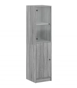 Hoge kast met glazen deur 35x37x142 cm grijs sonoma eikenkleur