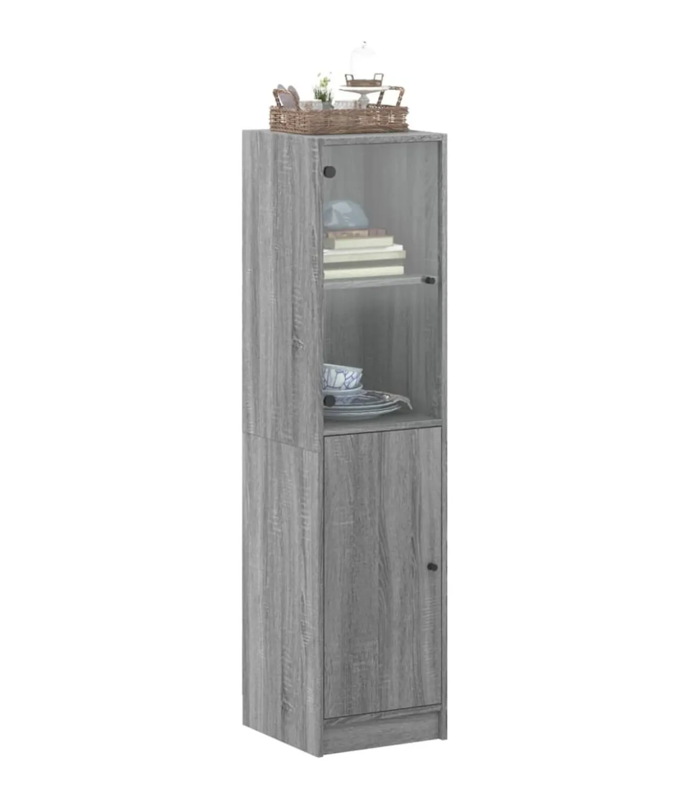 Hoge kast met glazen deur 35x37x142 cm grijs sonoma eikenkleur