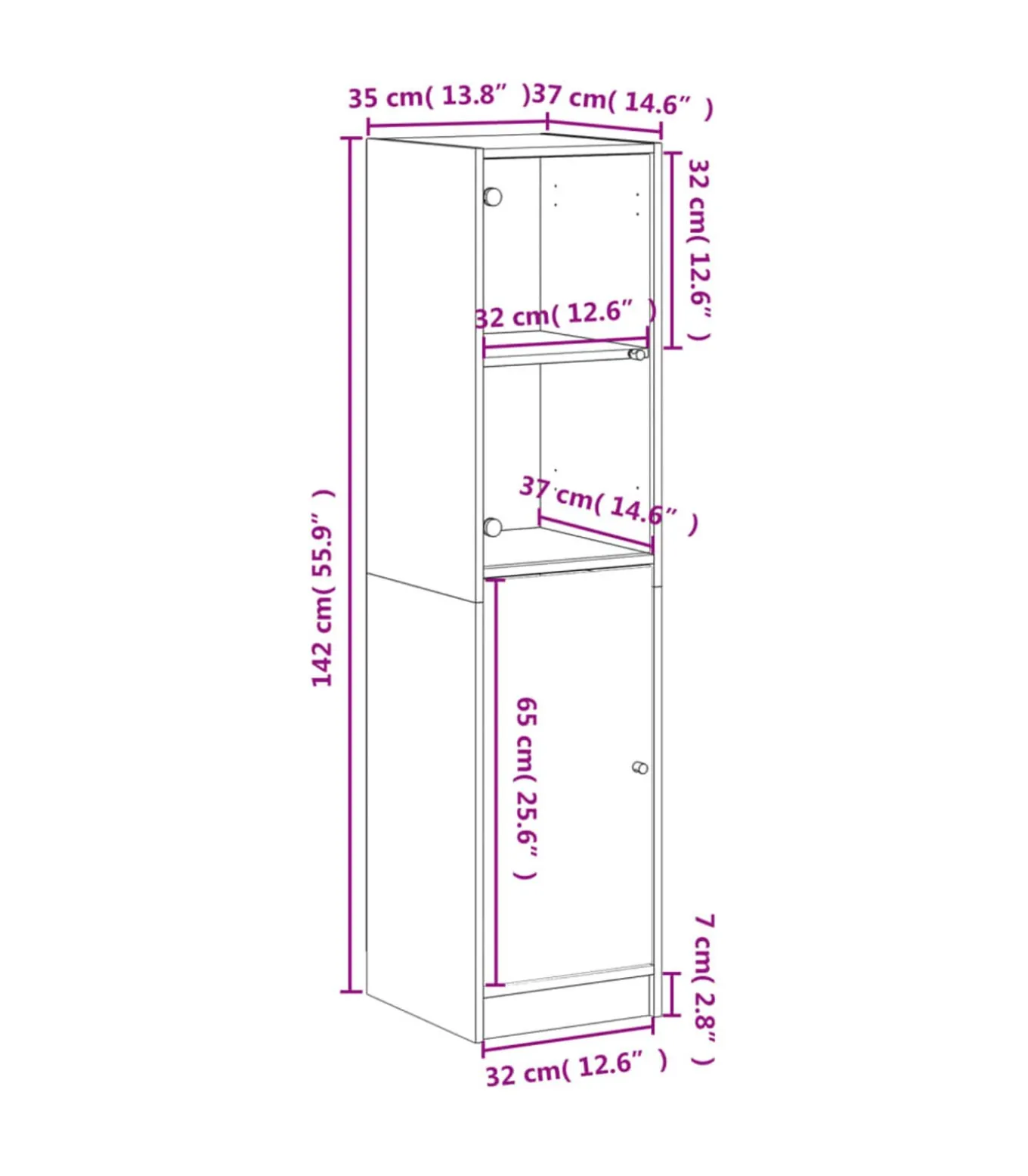 Hoge kast met glazen deur 35x37x142 cm grijs sonoma eikenkleur