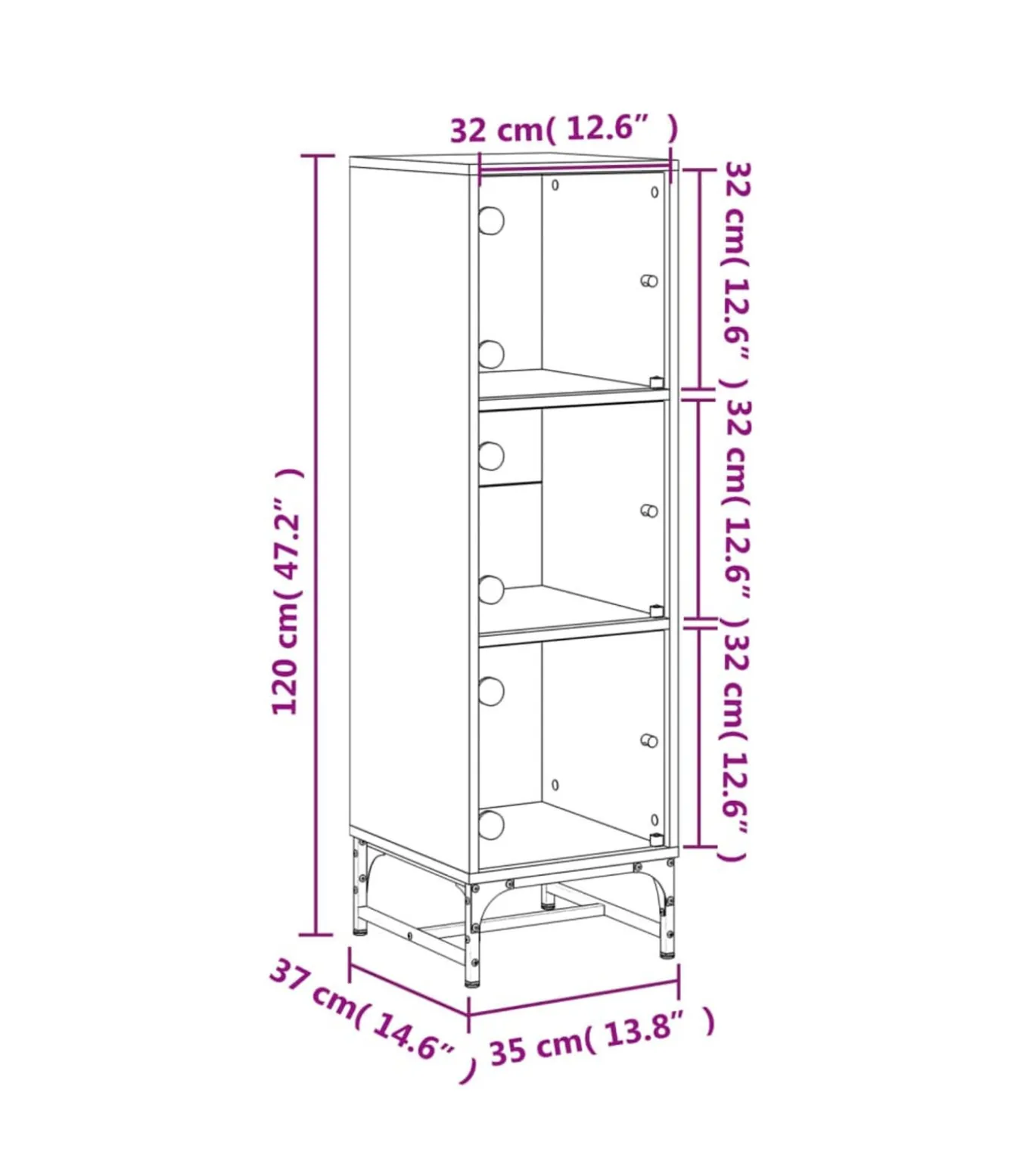 Hoge kast met glazen deuren 35x37x120 cm grijs sonoma eiken