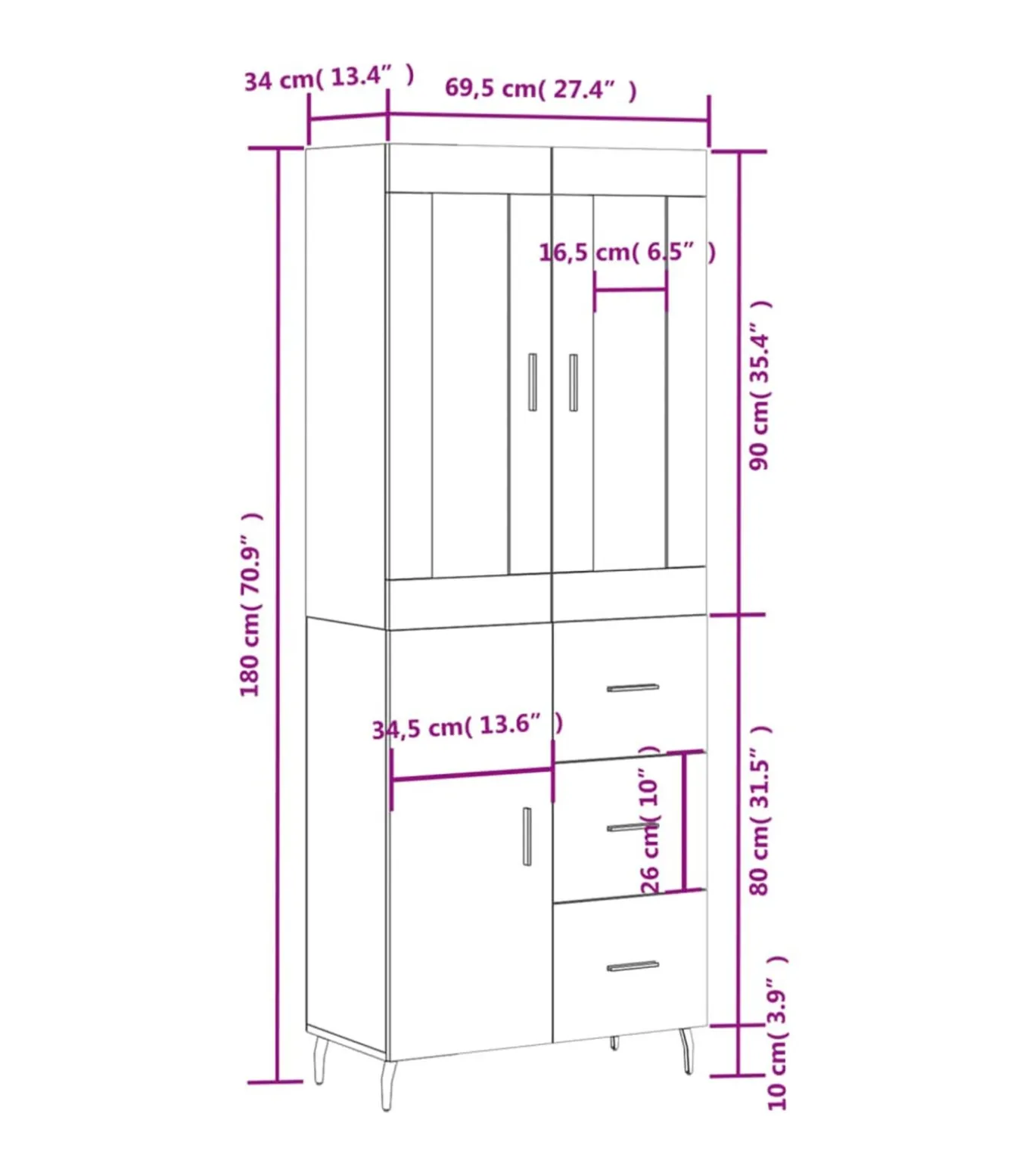 Hoge kast 69,5x34x180 cm bewerkt hout betongrijs