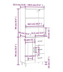 Hoge kast 69,5x34x180 cm bewerkt hout bruin eikenkleur