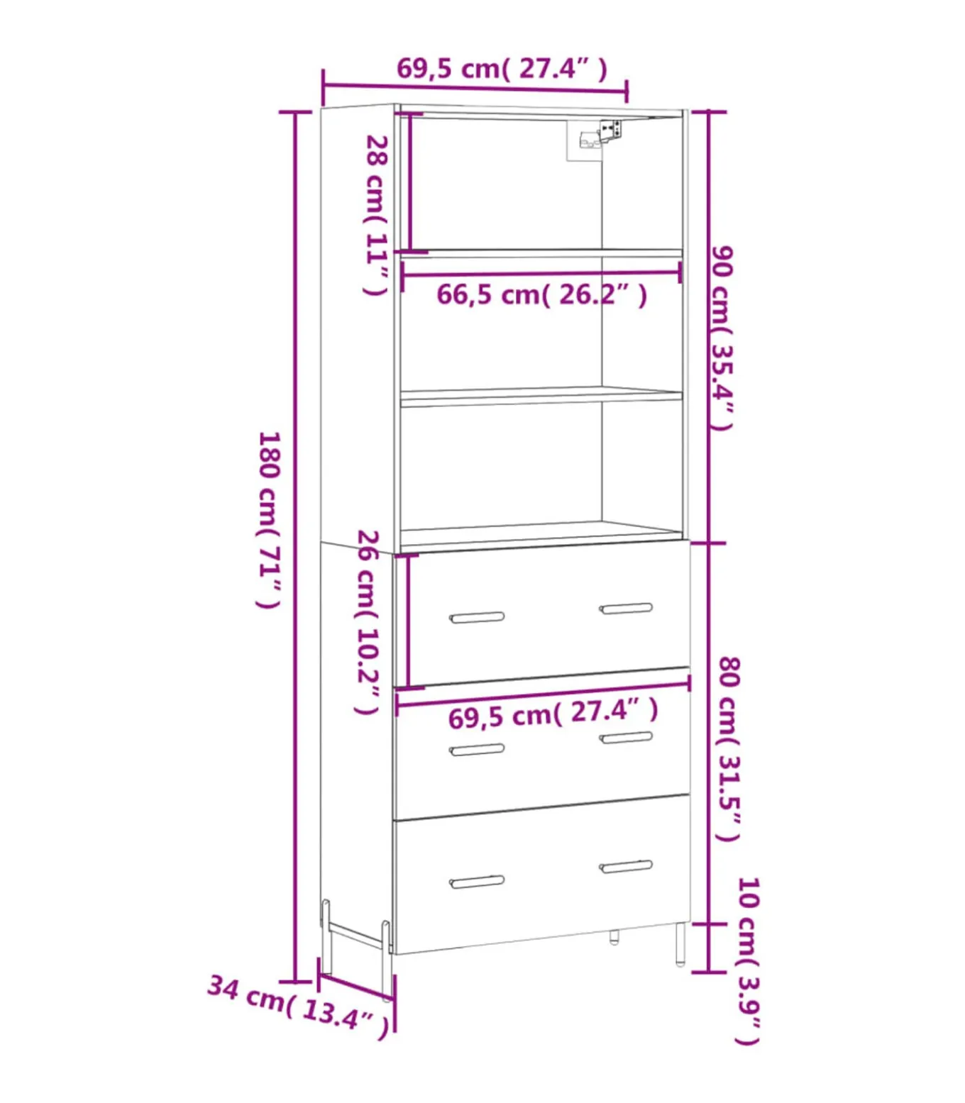 Hoge kast 69,5x34x180 cm bewerkt hout bruin eikenkleur