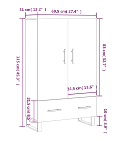 Hoge kast 69,5x31x115 cm bewerkt hout grijs sonoma eikenkleurig
