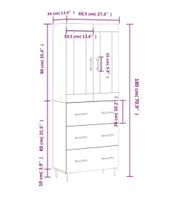 Hoge kast 69,5x34x180 cm bewerkt hout grijs sonoma eikenkleurig