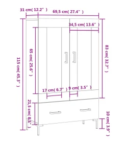 Hoge kast 69,5x31x115 cm bewerkt hout grijs sonoma eikenkleurig