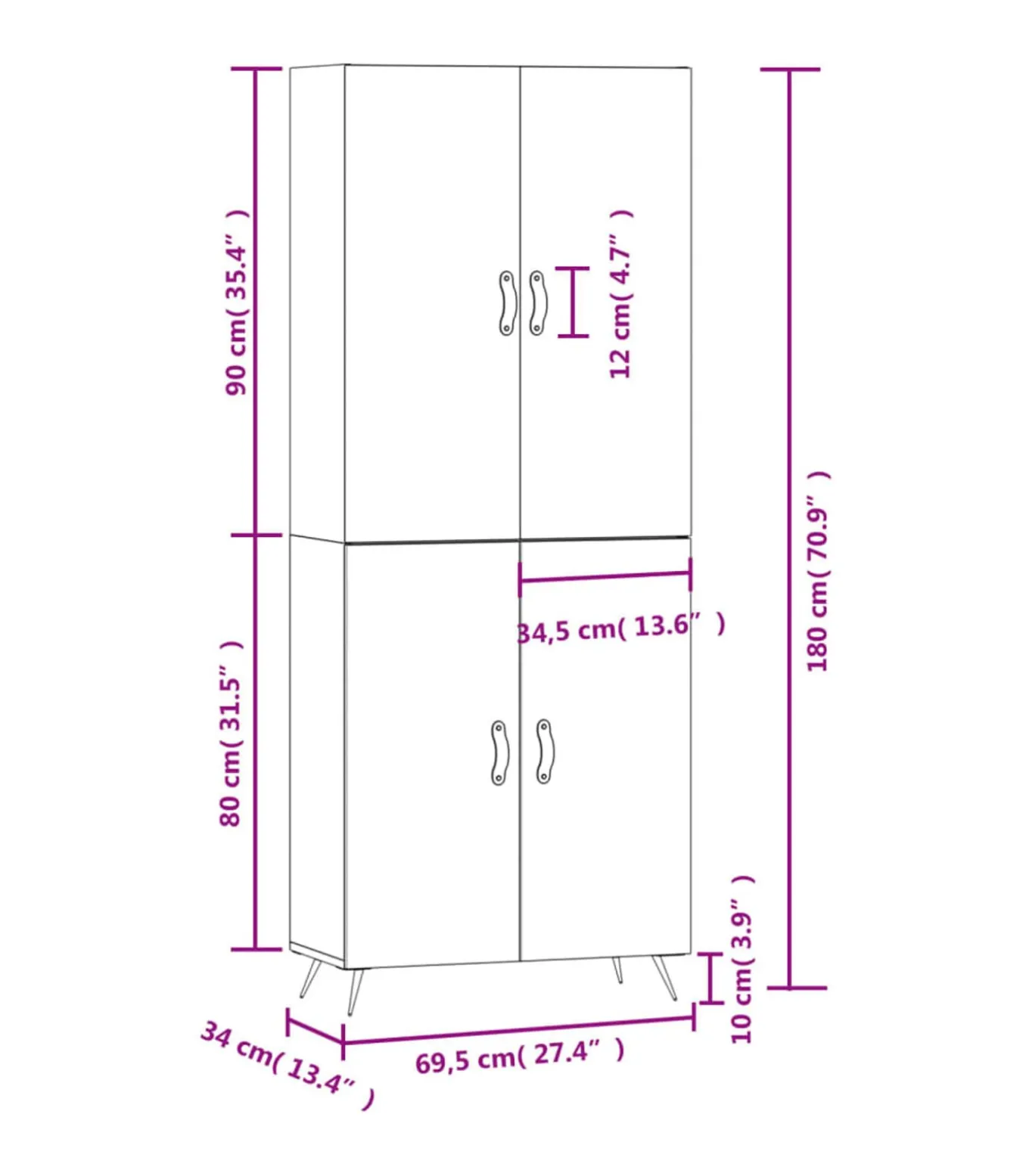 Hoge kast 69,5x34x180 cm bewerkt hout betongrijs
