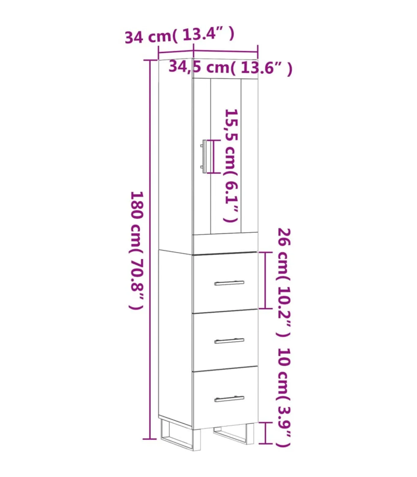 Hoge kast 34,5x34x180 cm bewerkt hout betongrijs