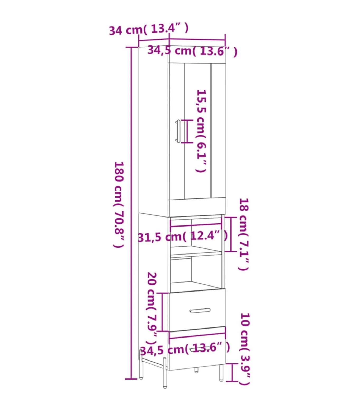 Hoge kast 34,5x34x180 cm bewerkt hout betongrijs