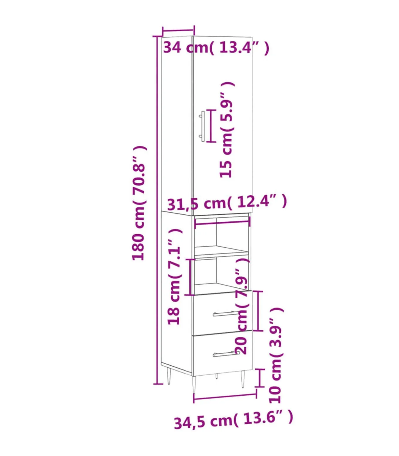 Hoge kast 34,5x34x180 cm bewerkt hout gerookt eikenkleurig